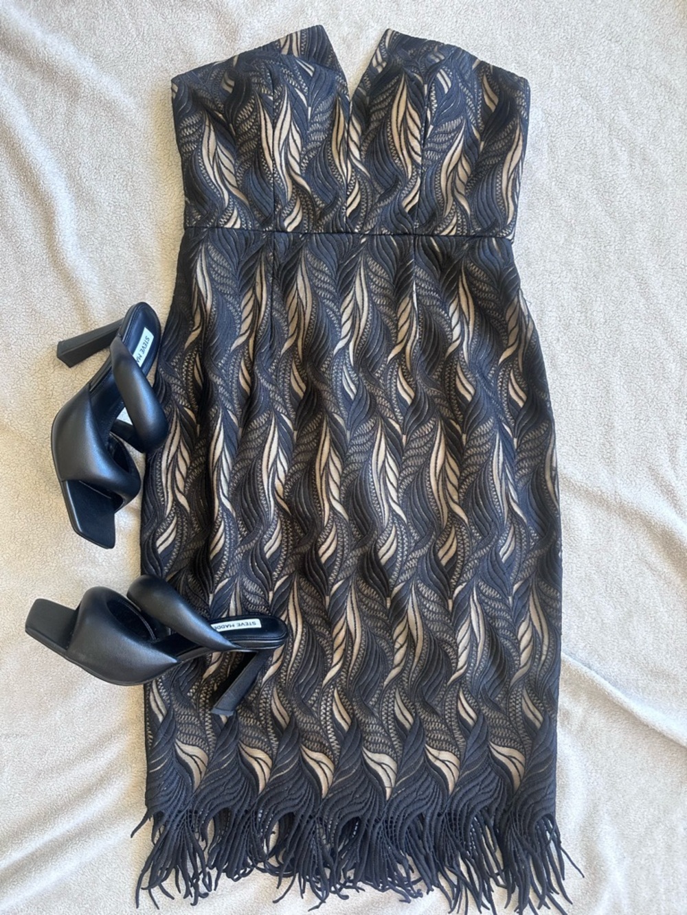 Strapless Black and Nude Lace Fringe Dress